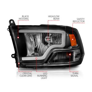 Dodge Ram 1500 Headlights - ANZO - Crystal w/ Light Bar - Black Housing - `09-`18