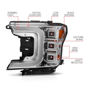 Ford F-150 Headlight Set - ANZO - Full LED Projector Light Bar Style - Chrome Amber - `18-`20