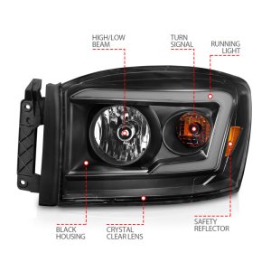 Dodge RAM 1500 Headlights - ANZO - Crystal, Light Bar Style - Black Housing/Clear Lens - `06-`09