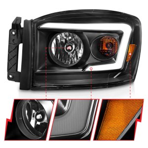 Dodge RAM 1500 Headlights - ANZO - Crystal, Light Bar Style - Black Housing/Clear Lens - `06-`09