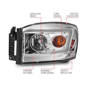 Dodge RAM 1500 Headlights - ANZO - Crystal with Light Bars - Chrome - `06-`09