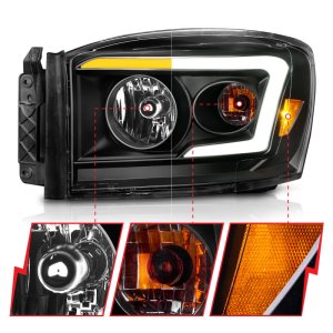 Dodge RAM 2500 Headlights - ANZO - Crystal w/ Light Bar Style - Switchback - Black Housing/Clear Lens - `06-`09