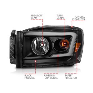Dodge RAM 3500 Headlights - ANZO - Crystal w/ Light Bar Style - Switchback - Black Housing/Clear Lens - `06-`09