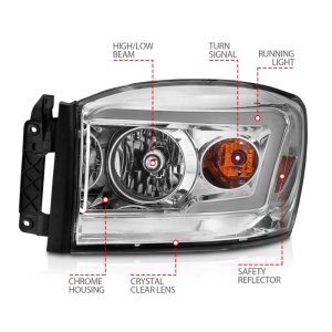 Dodge RAM 1500 Headlights - ANZO - Crystal with Switchback Light Bars - Chrome - `06-`08