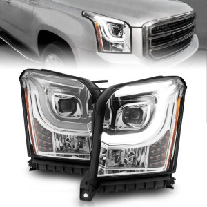 GMC Yukon XL LED/Projector Headlights - ANZO - W Lightbar, Plank Style, Black Housing, Clear Lens - Chrome/Amber - `15-`17