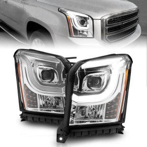 GMC Yukon XL LED/Projector Headlights - ANZO - W Lightbar, Plank Style, Black Housing, Clear Lens - Chrome/Amber - `15-`17