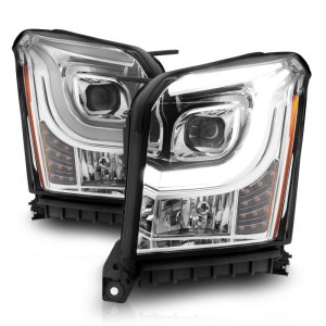 GMC Yukon XL LED/Projector Headlights - ANZO - W Lightbar, Plank Style, Black Housing, Clear Lens - Chrome/Amber - `15-`17