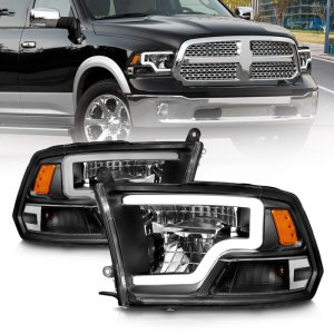 Dodge Ram 1500 LED Projector Headlights - ANZO - Square Projector with Light Bar, Clear Lens, Chrome Housing - Black - `09-`20