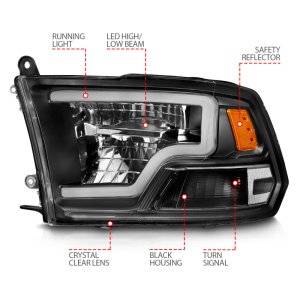Dodge Ram 1500 LED Projector Headlights - ANZO - Square Projector with Light Bar, Clear Lens, Chrome Housing - Black - `09-`20