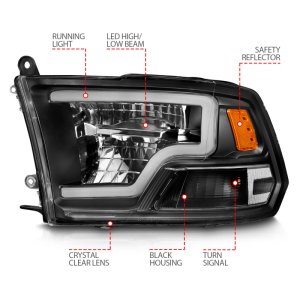 Dodge Ram 1500 LED Projector Headlights - ANZO - Square Projector with Light Bar, Clear Lens, Chrome Housing - Black - `09-`20