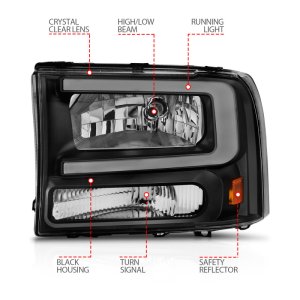 Ford F250 Headlights - ANZO - Crystal w/ Light Bar - Black Housing - `99-`04