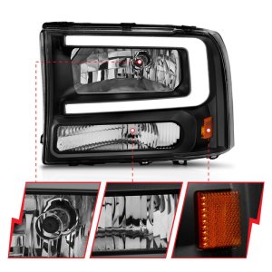 Ford F250 Headlights - ANZO - Crystal w/ Light Bar - Black Housing - `99-`04