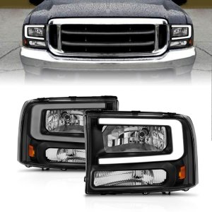 Ford F250 Headlights - ANZO - Crystal w/ Light Bar - Black Housing - `99-`04