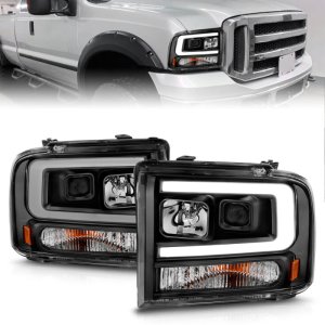 Ford F250 LED/Projector Headlights - ANZO - w/ Light Bar - Black Housing - `99-`04