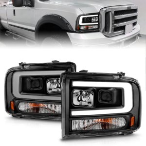 Ford F250 LED/Projector Headlights - ANZO - w/ Light Bar - Black Housing - `99-`04