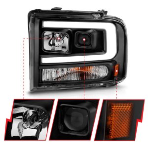 Ford F350 LED/Projector Headlights - ANZO - w/ Light Bar - Black Housing - `99-`04