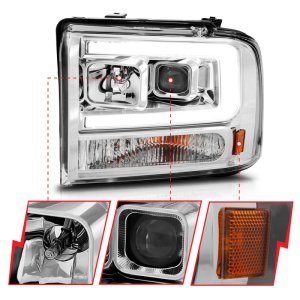 Ford F250 LED/Projector Headlights - ANZO - w/Light Bar - Chrome - `99-`04