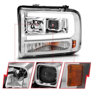 Ford F250 LED/Projector Headlights - ANZO - w/Light Bar - Chrome - `99-`04