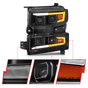 Chevrolet Silverado 1500 LED Projector Headlight - Driver Side - ANZO - Light Bar Switchback Sequential Black Housing - `19-`22