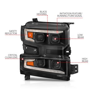 Chevrolet Silverado 1500 LED Projector Headlight - Passenger Side - ANZO - Light Bar Switchback Sequential - Black Housing - `19-`22