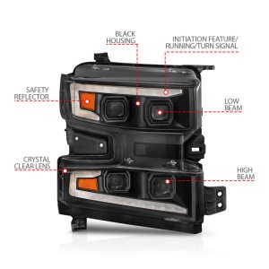 Chevrolet Silverado 1500 LED Projector Headlight - Passenger Side - ANZO - Light Bar Switchback Sequential - Black Housing - `19-`22