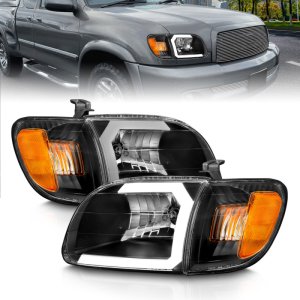 Toyota Tundra Headlights - ANZO - Crystal w/ Light Bar - Black - `00-`04