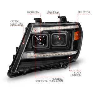 Nissan Frontier LED/Projector Headlights - ANZO - Projector, Sequential, Light Bar Switchback, DRL - Black - `09-`20