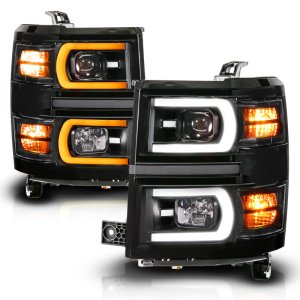 Chevrolet Silverado 1500 Projector Headlights - ANZO - Dual Switchback + Sequential LED Tube - Black - `14-`15