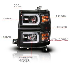 Chevrolet Silverado 1500 Projector Headlights - ANZO - Dual Switchback + Sequential LED Tube - Black - `14-`15