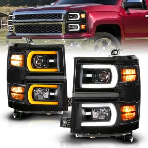 Chevrolet Silverado 1500 Projector Headlights - ANZO - Dual Switchback + Sequential LED Tube - Black - `14-`15
