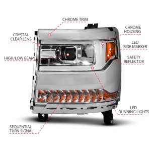 Chevrolet Silverado 1500 LED/Projector Headlights - ANZO - Light Bar Style - Chrome - `16-`18