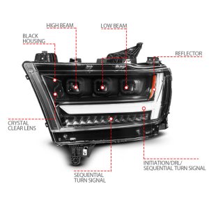 RAM 1500 LED Projector Headlight - Passenger Side - ANZO - Full LED Proj DRL/SeqSig - Black - `19-`24
