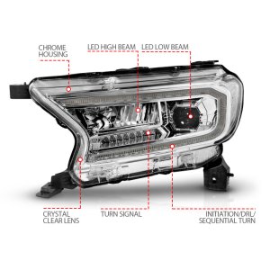Ford Ranger LED/Projector Headlights - ANZO - DRL/SeqSig - Chrome - `19-`23