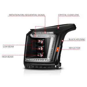 GMC Yukon LED/Projector Headlights - Passenger Side - ANZO - Full LED Projection - Black - `15-`20