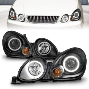 Lexus GS300 Projector Headlights - ANZO - w/Halo, Black Housing, Clear Lens - Black - `98-`05