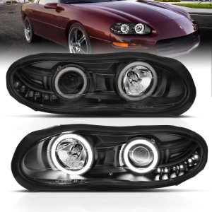 Chevrolet Camaro Projector Headlights - ANZO - w/ Halo, Clear Lens, Black Housing - Black - `98-`02