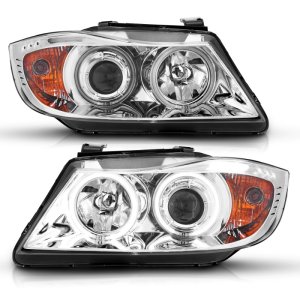 BMW 3 Series Projector Headlights - ANZO - Halo w/ LED Bar - Chrome - `06-`08