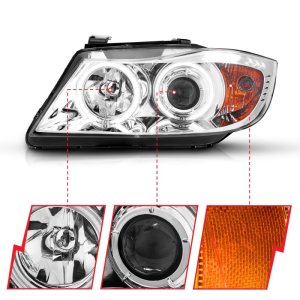 BMW 3 Series Projector Headlights - ANZO - Halo w/ LED Bar - Chrome - `06-`08