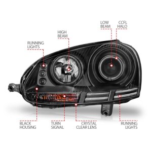 Volkswagen Rabbit Projector Headlights - Front - ANZO - w/ Halo, CCFL, Clear Lens, Black Housing - Black - `06-`09 Volkswagen Rabbit Projector Headlights - Front - ANZO - w/ Halo, CCFL, Clear Lens, Black Housing - Black - `06-`09