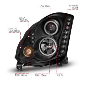 Infiniti G35 Projector Headlights - ANZO - w/ Halo, Clear Lens, Black Housing, CCFL, HID Compatible - Black - `03-`07