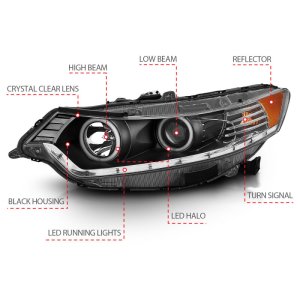 Acura TSX Projector Headlights - ANZO - Halo, Clear Lens, CCFL, HID Compatible - Black - `09-`12