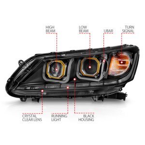 Honda Accord Projector Headlight Set - ANZO - w/ U-Bar, Clear Lens, Black Housing - Black - `13-`15