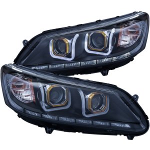 Honda Accord Projector Headlight Set - ANZO - w/ U-Bar, Clear Lens, Black Housing - Black - `13-`15