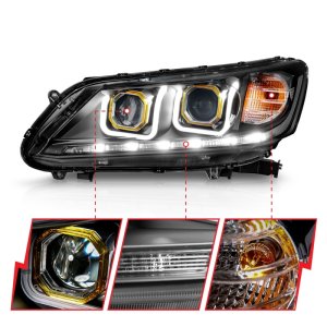 Honda Accord Projector Headlight Set - ANZO - w/ U-Bar, Clear Lens, Black Housing - Black - `13-`15