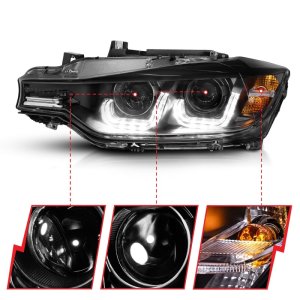 BMW 3 Series Projector Headlights - ANZO - w/ U-Bar - Black - `12-`15