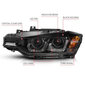BMW 3 Series Projector Headlights - ANZO - w/ U-Bar - Black - `12-`15