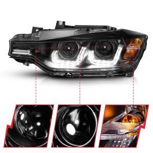 BMW 3 Series Projector Headlights - ANZO - w/ U-Bar - Black - `12-`15