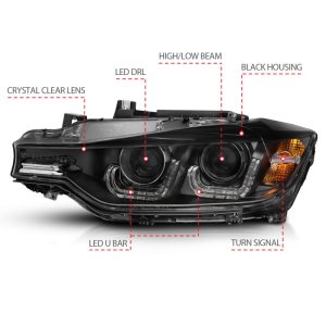 BMW 3 Series Projector Headlights - ANZO - w/ U-Bar - Black - `12-`15