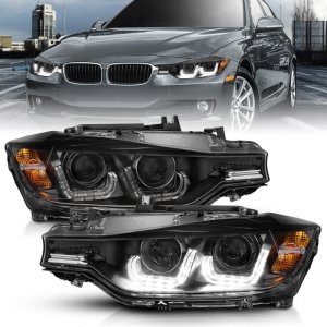BMW 3 Series Projector Headlights - ANZO - w/ U-Bar - Black - `12-`15