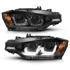 BMW 3 Series Projector Headlights - ANZO - w/ U-Bar - Black - `12-`15